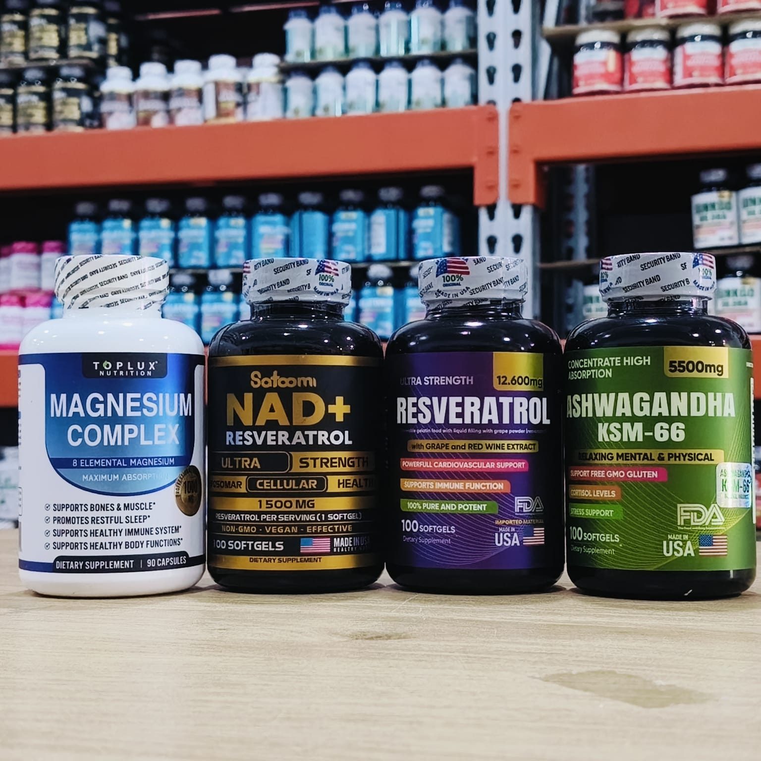 NAD + ASHWAGANDHA KSM-66 + RESVERATROL + MAGNESIUM COMPLEX 4 productos IMPORTADOS 🇺🇸 100% ORIGINALES para revitalizar tu organismo. “🌱 Lo Natural que Transforma. Fuerza que Impulsa. 💥”