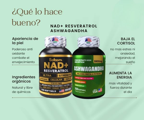 🧠🔥 Combo Potencia Celular + Estrés Bajo: NAD+ Resveratrol + Ashwagandha KSM-66🍃